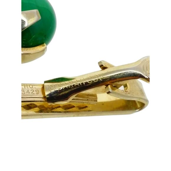 Retro Green Glass Ball Cufflinks Tie Bar Clasp Sarah Coventry Gold Tone Clip - Picture 7 of 9